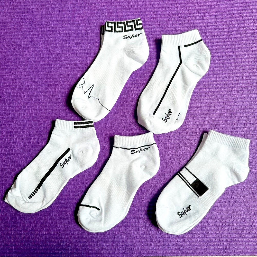 Brand New Men's 5 Pairs Low Cut White/Black Socks 70% Cotton Shoe 6-12 L